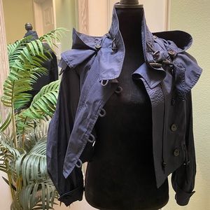 NWOT Burberry Brit cropped lightweight trench jacket with removable hood. Navy.